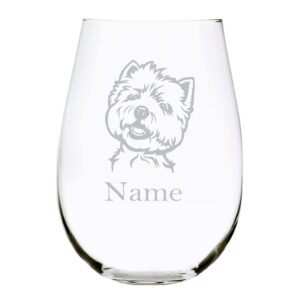 West Highland Terrier dog themed with name 17 oz. stemless wine glass