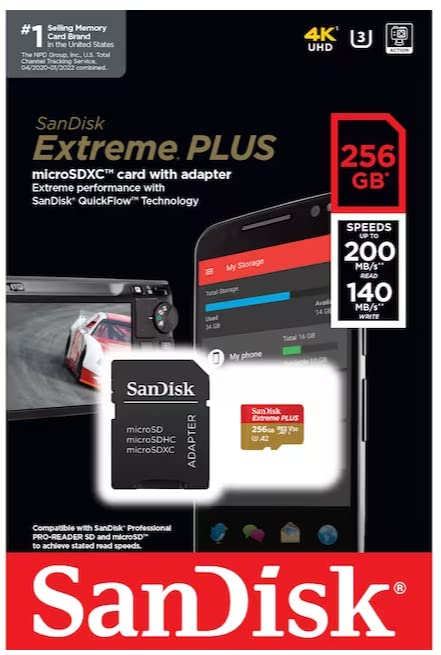 SanDisk Extreme Plus microSDXC UHS-I Card with Adapter, 256GB, SDSQXBD-256G-AN6MA