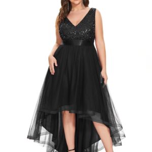 Ever-Pretty Womens Double V Neck A Line High Low Sequin Tulle Plus Size Formal Dresses for Curvy Women Black US20