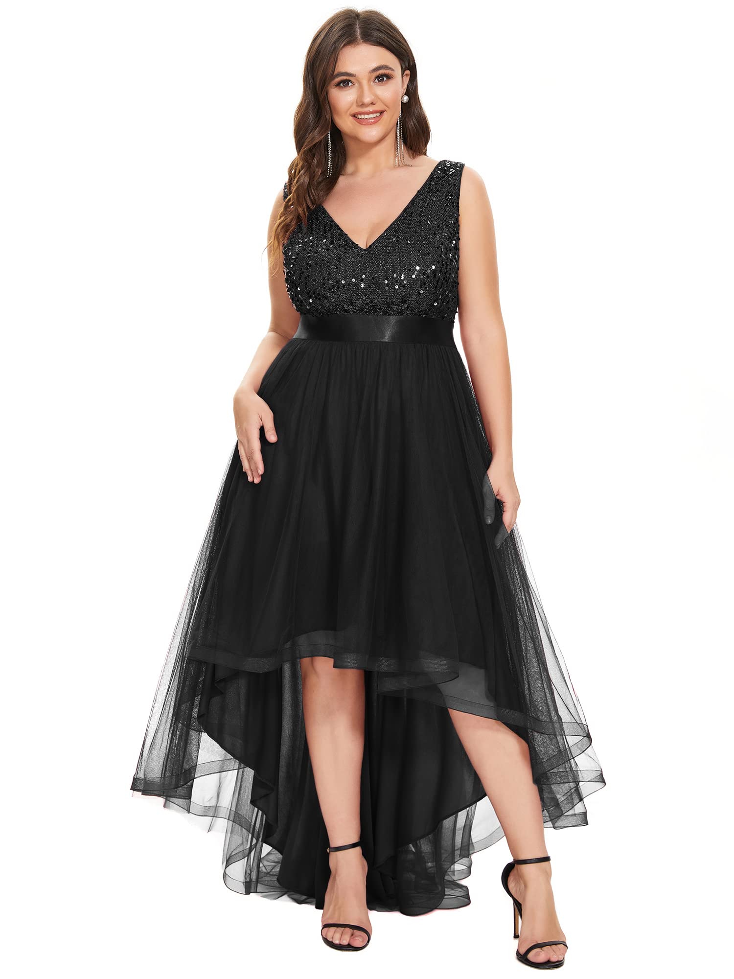 Ever-Pretty Womens Double V Neck A Line High Low Sequin Tulle Plus Size Formal Dresses for Curvy Women Black US20