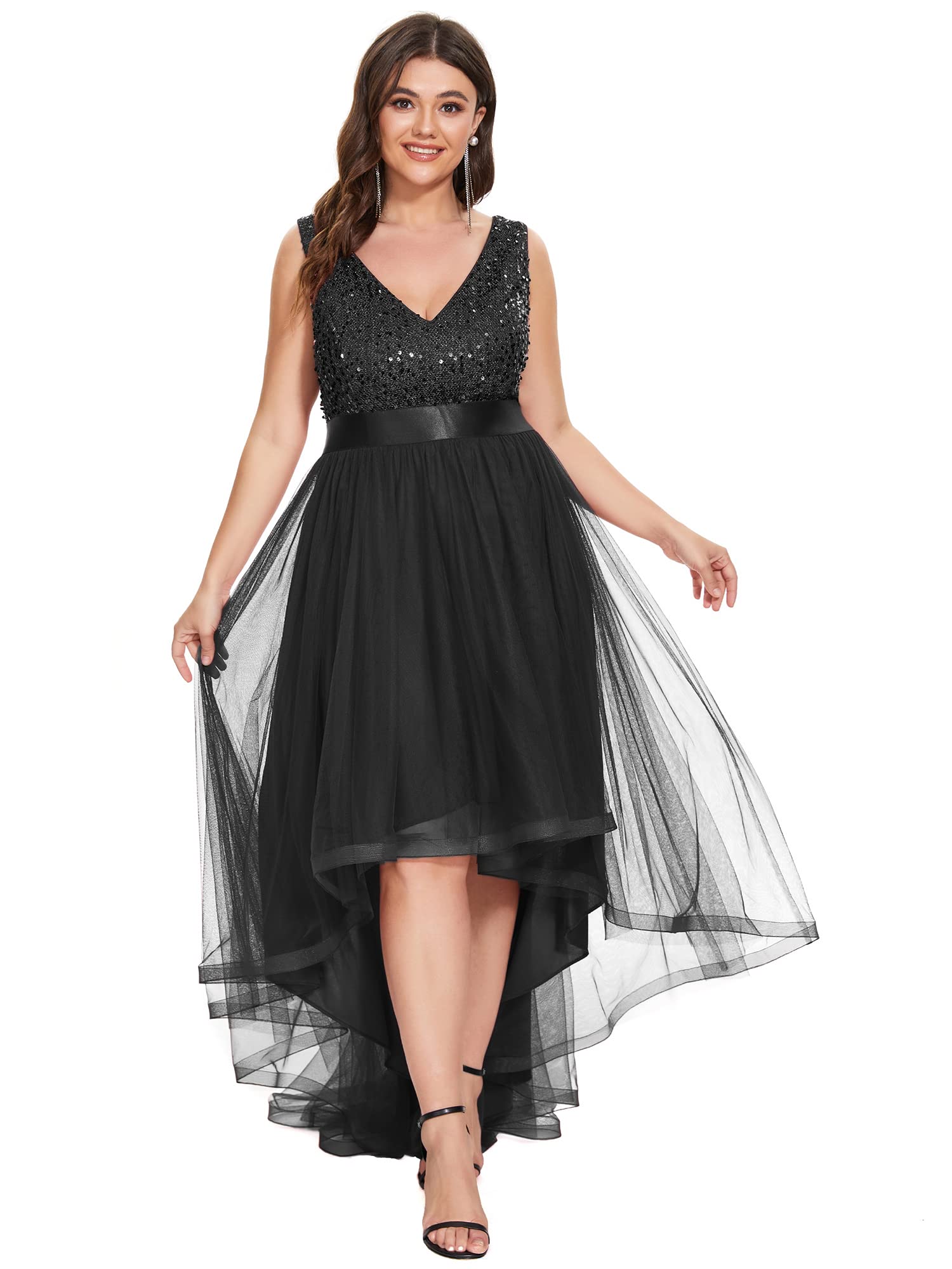 Ever-Pretty Womens Double V Neck A Line High Low Sequin Tulle Plus Size Formal Dresses for Curvy Women Black US20