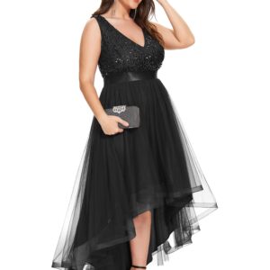 Ever-Pretty Womens Double V Neck A Line High Low Sequin Tulle Plus Size Formal Dresses for Curvy Women Black US20