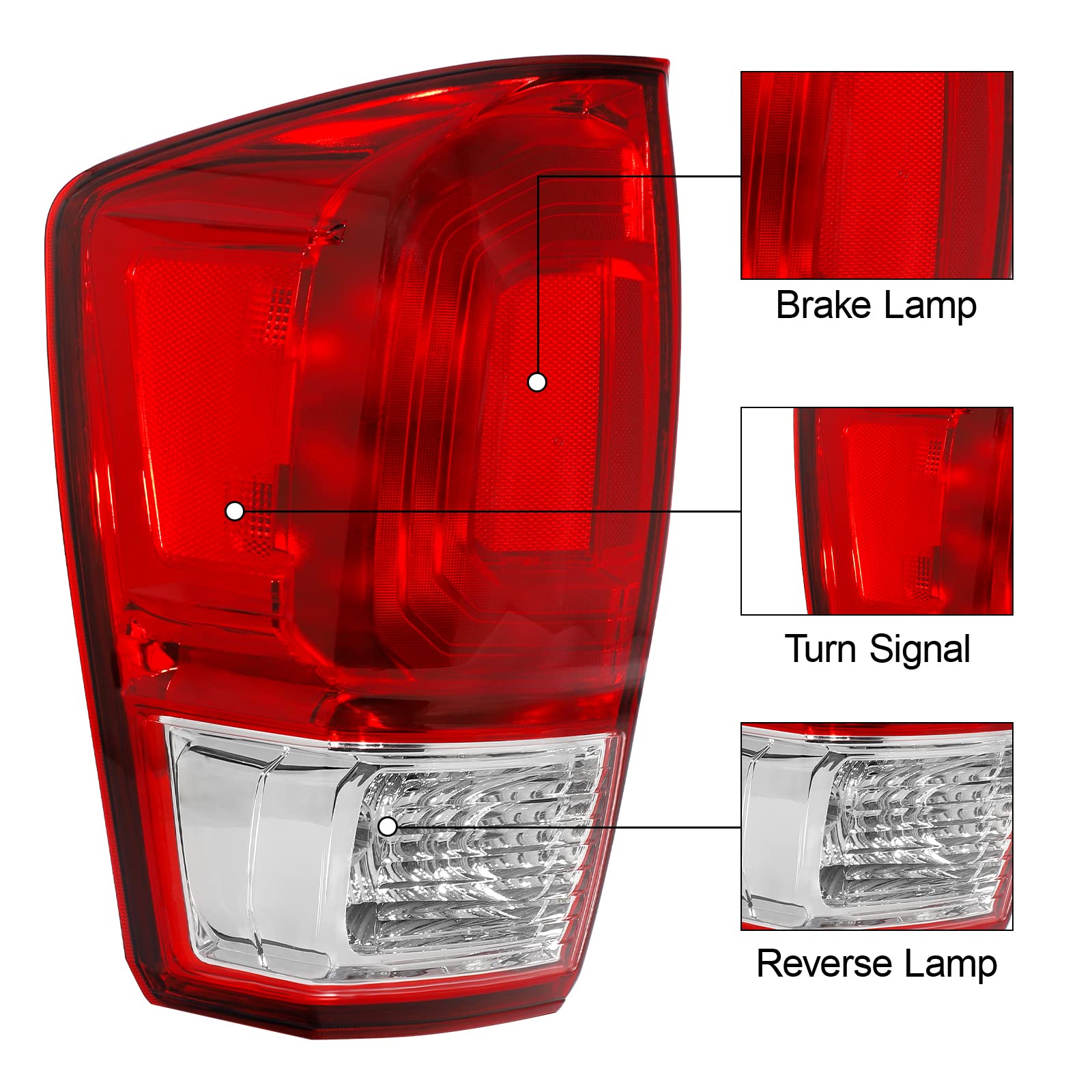 ALZIRIA Left Rear Tail Light Fit For 16 17 18 19 20 21 22 Tacoma 2016 2017 2018 2019 2020 2021 2022 Toyota Tacoma Pickup Brake Lamp Driver Side (Red Lights Chrome Trim - L)