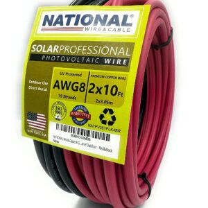 NATIONAL Wire&Cable 8 Gauge Solar Panel Professional Wire - Made in USA - 2x10 Ft Copper PV Wire UV Resistant Cable for Boat Marine Automotive RV Solar Panel Outdoor - Red&Black