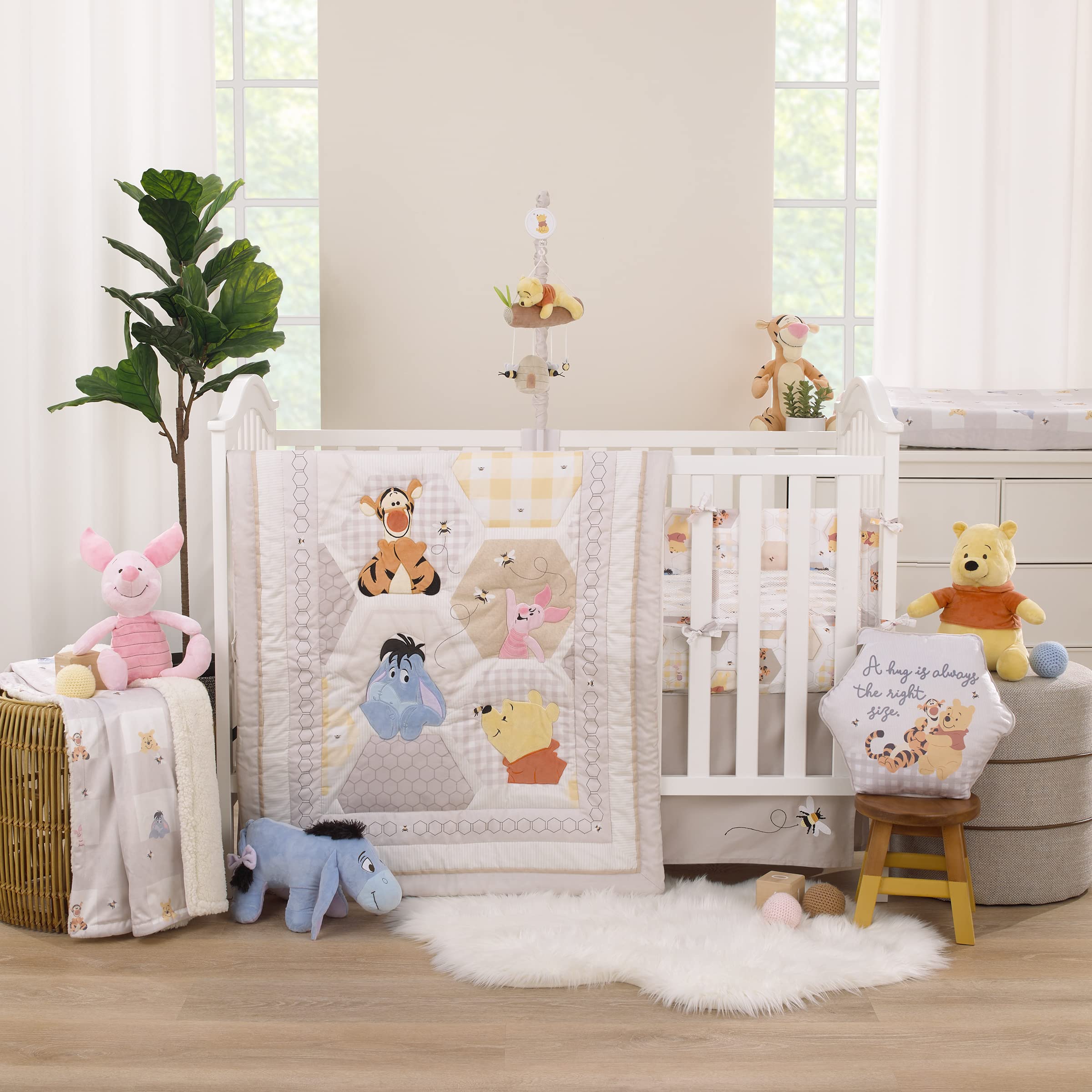 Disney Winnie The Pooh Hugs and Honeycombs Grey, White, Tan and Yellow Secure-Me Crib Liner with Piglet, Tigger and Eeyore