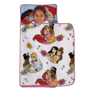 Disney Princesses Courage and Kindness Pink, Blue, and White Ariel, Tiana, Moana, Cinderella, Mulan, and Belle Toddler Nap Mat