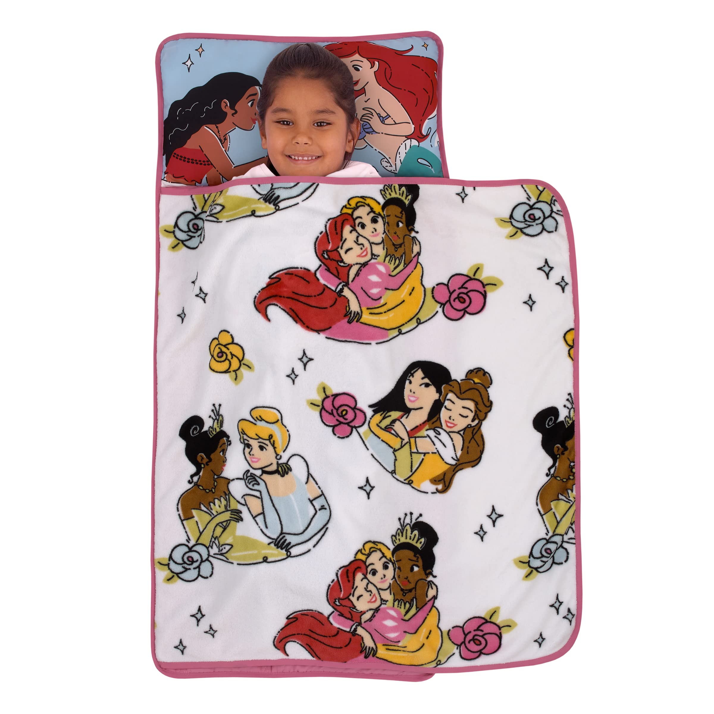 Disney Princesses Courage and Kindness Pink, Blue, and White Ariel, Tiana, Moana, Cinderella, Mulan, and Belle Toddler Nap Mat