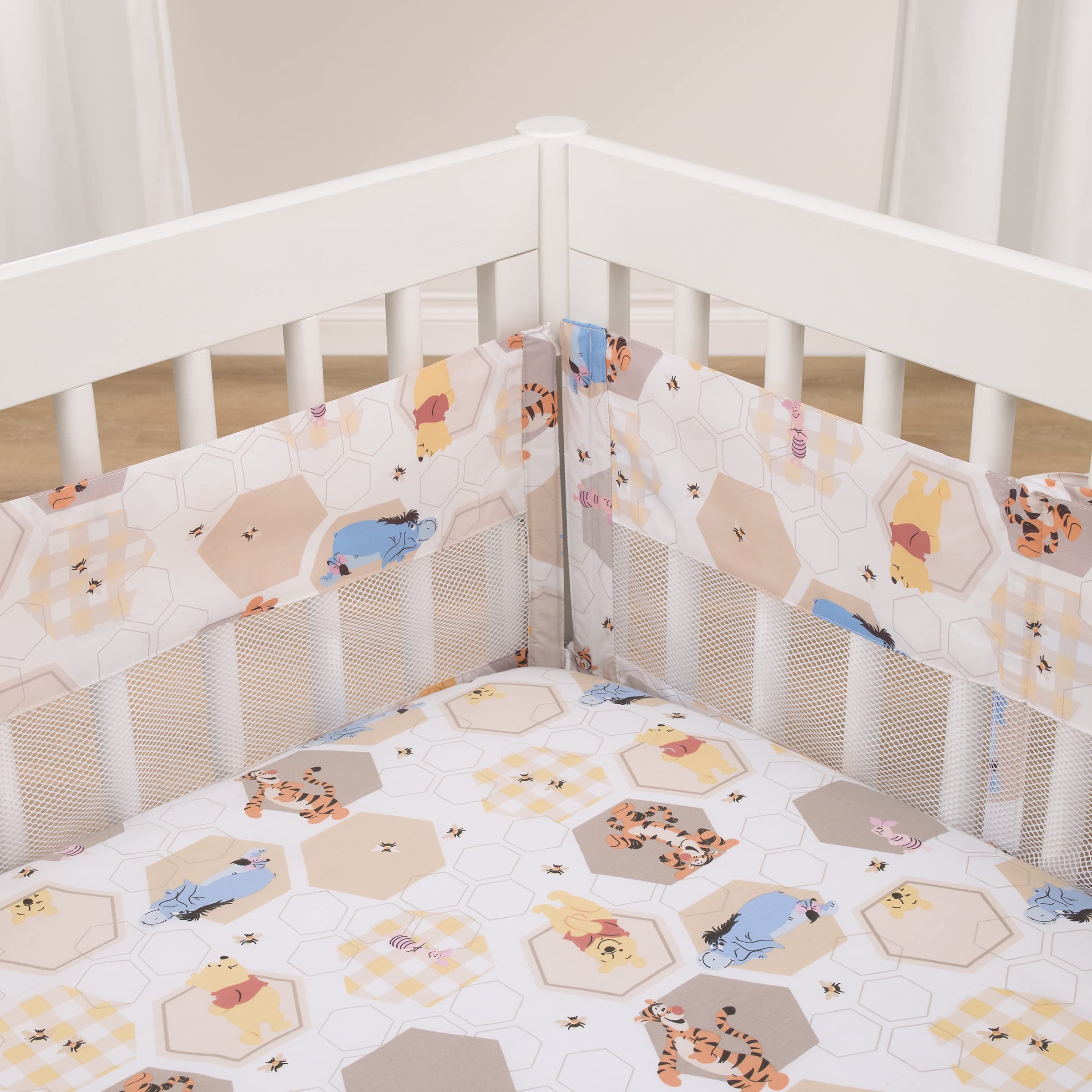 Disney Winnie The Pooh Hugs and Honeycombs Grey, White, Tan and Yellow Secure-Me Crib Liner with Piglet, Tigger and Eeyore