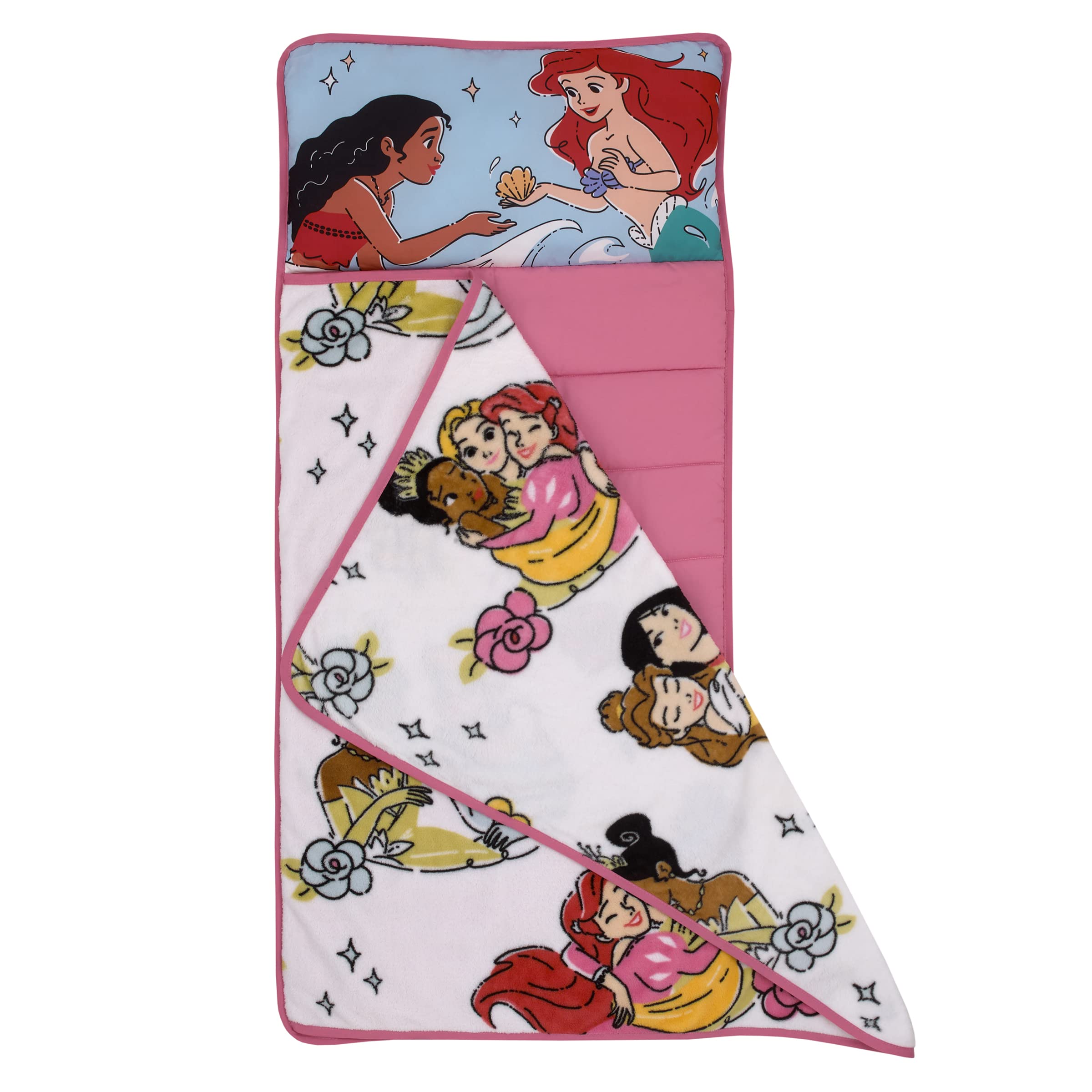 Disney Princesses Courage and Kindness Pink, Blue, and White Ariel, Tiana, Moana, Cinderella, Mulan, and Belle Toddler Nap Mat