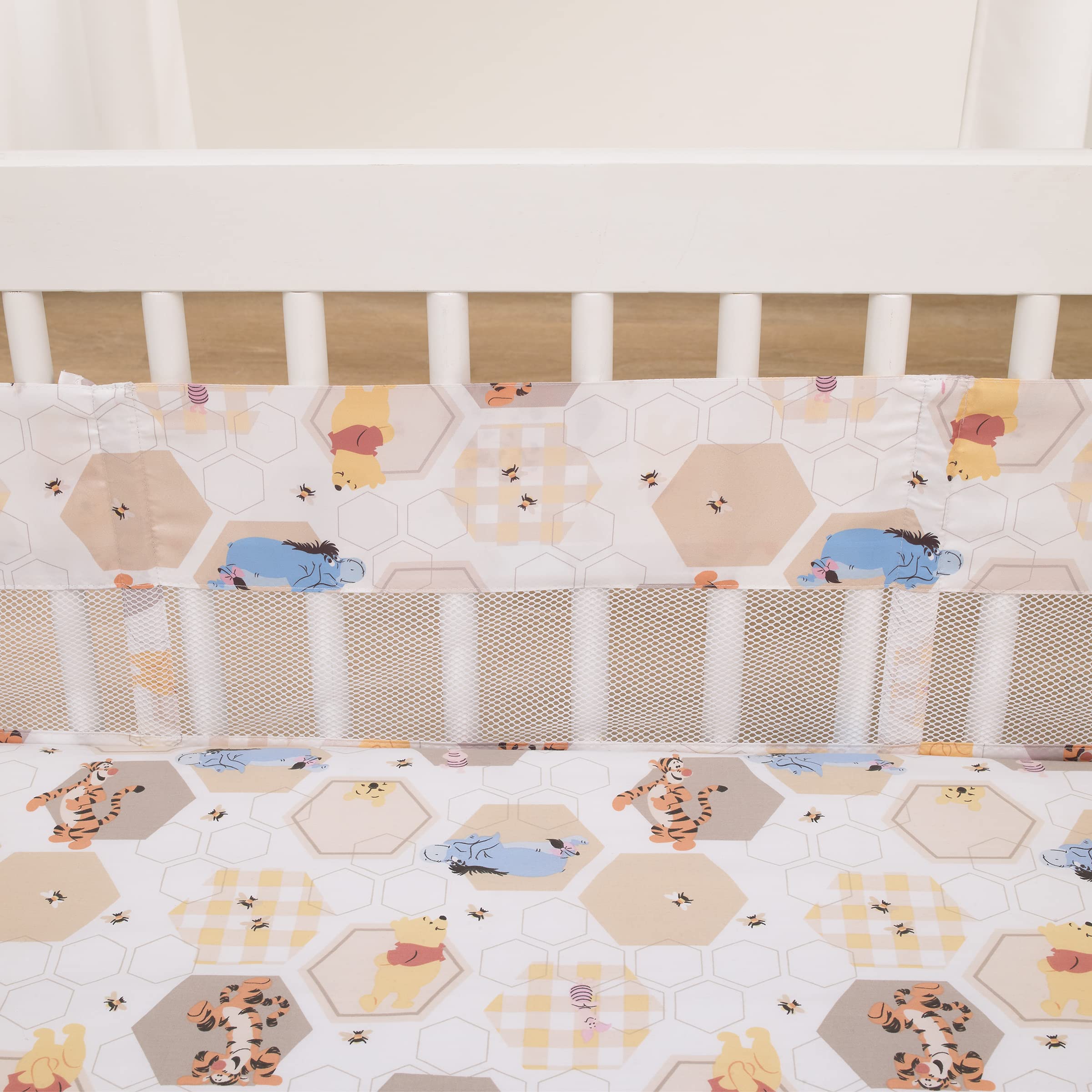 Disney Winnie The Pooh Hugs and Honeycombs Grey, White, Tan and Yellow Secure-Me Crib Liner with Piglet, Tigger and Eeyore