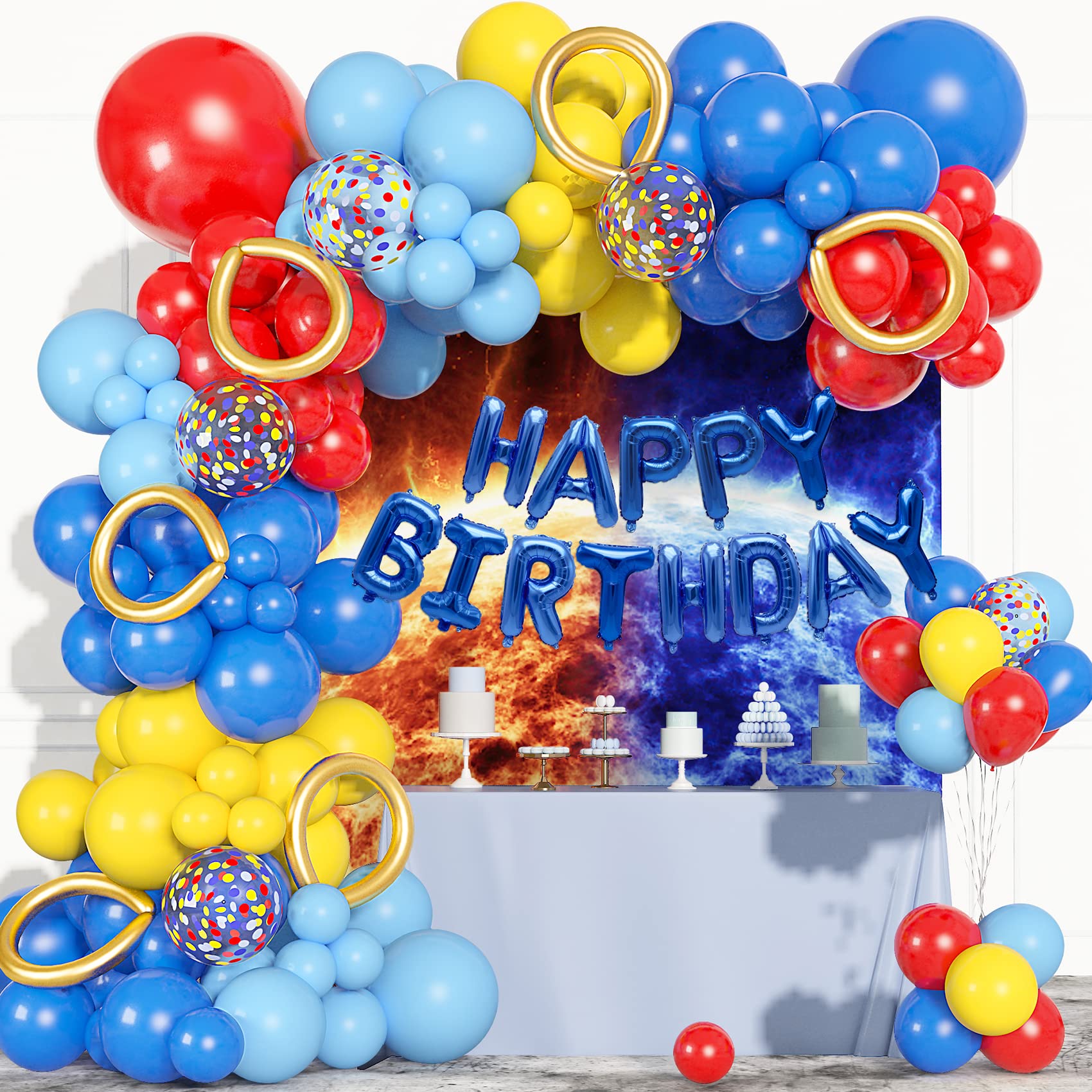 123Pcs Red Yellow Blue Balloons Garland Includes Foil Confetti Mixed Sizes Latex Balloon for Birthday Decorations, Baby Shower, Carnival, Circus, Party Supplies, Backdrop Decor