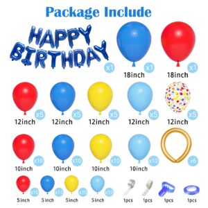 123Pcs Red Yellow Blue Balloons Garland Includes Foil Confetti Mixed Sizes Latex Balloon for Birthday Decorations, Baby Shower, Carnival, Circus, Party Supplies, Backdrop Decor