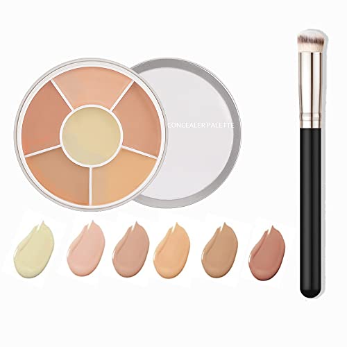 6 Colors Conceal Correct Cream Contour Makeup Palette With Makeup Brushes Foundation Brush,Light to Neutral,Conceal trouble spots dullness dark circles Correct Camouflage imperfections Covers redness