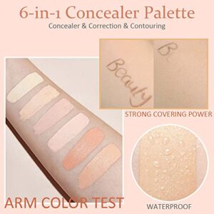 6 Colors Conceal Correct Cream Contour Makeup Palette With Makeup Brushes Foundation Brush,Light to Neutral,Conceal trouble spots dullness dark circles Correct Camouflage imperfections Covers redness
