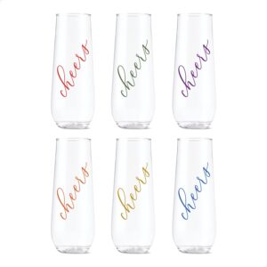 tossware pop 9oz flute classic cheers series - color, set of 6, premium quality, recyclable, unbreakable & crystal clear plastic printed champagne glasses