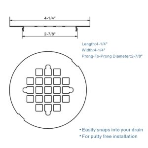 Black Snap-in Shower Drain Cover,Hidrop 4-1/4" OD Round Shower Strainer Grid, Easy-to-Install Replacement Cover Stainless Steel Matte Black