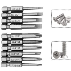 Saipe 10Pcs Magnetic Screwdriver Bit Sets 1/4 Inch Hex Shank Flat Slotted + Phillips Cross Head Screw Driver S2 Steel Drive Drill Bits for Electric Screwdrivers (2 inch/50mm Length)