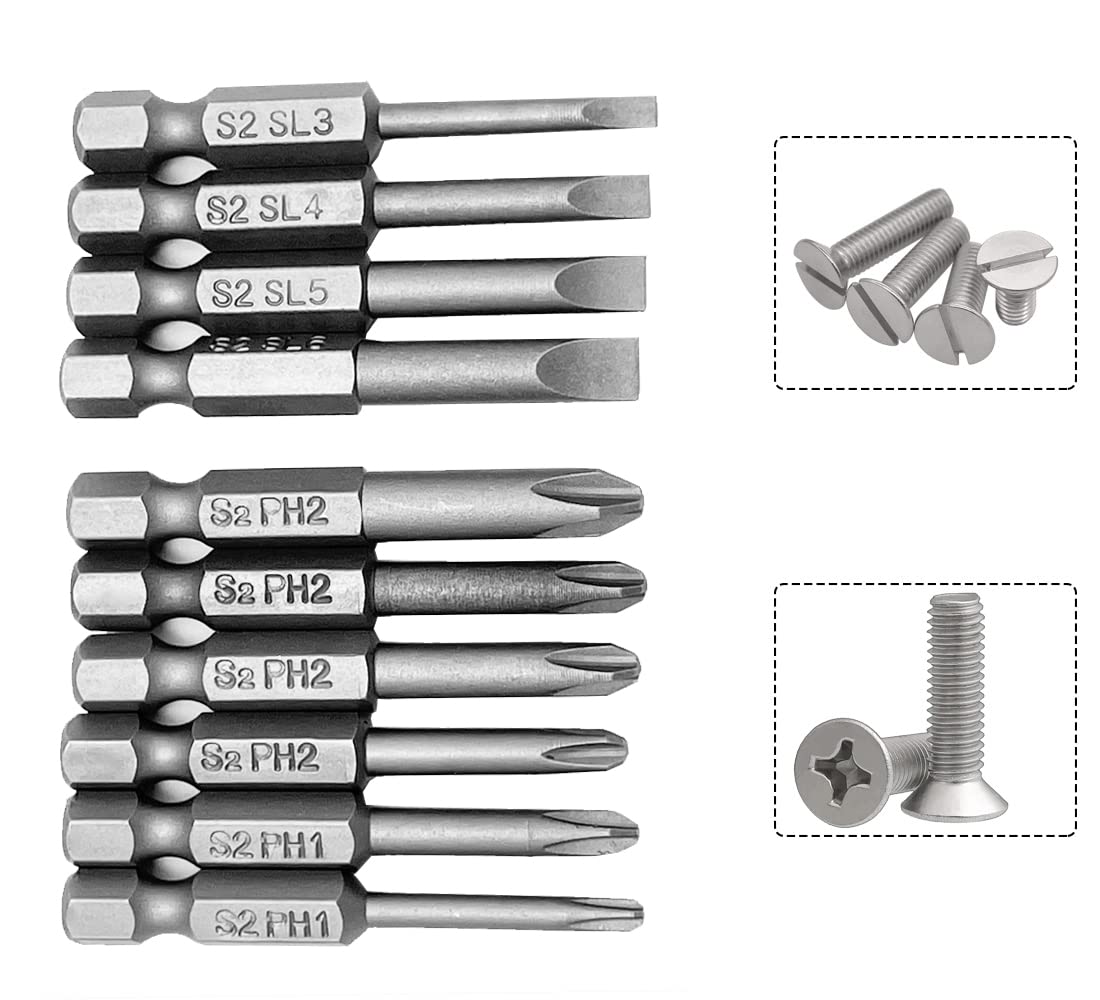 Saipe 10Pcs Magnetic Screwdriver Bit Sets 1/4 Inch Hex Shank Flat Slotted + Phillips Cross Head Screw Driver S2 Steel Drive Drill Bits for Electric Screwdrivers (2 inch/50mm Length)
