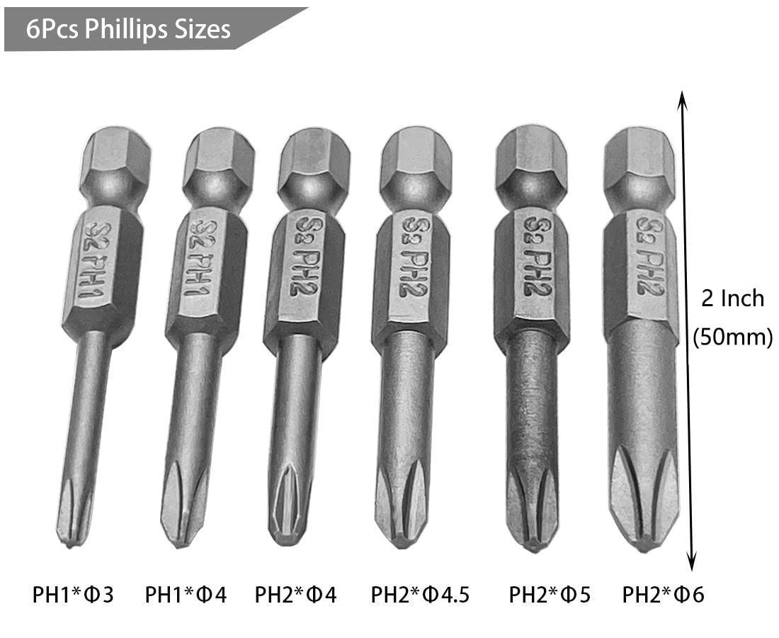 Saipe 10Pcs Magnetic Screwdriver Bit Sets 1/4 Inch Hex Shank Flat Slotted + Phillips Cross Head Screw Driver S2 Steel Drive Drill Bits for Electric Screwdrivers (2 inch/50mm Length)