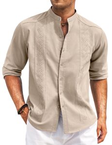 coofandy men's linen beach shirt shirts casual long sleeve button down linen cuban camp collarless solid shirt khaki