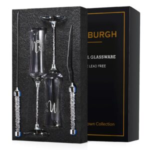 roxburgh wedding champagne flutes and cake knife server set, mr and mrs champagne flutes glasses for bride and groom cake cutting set for wedding engagement gifts