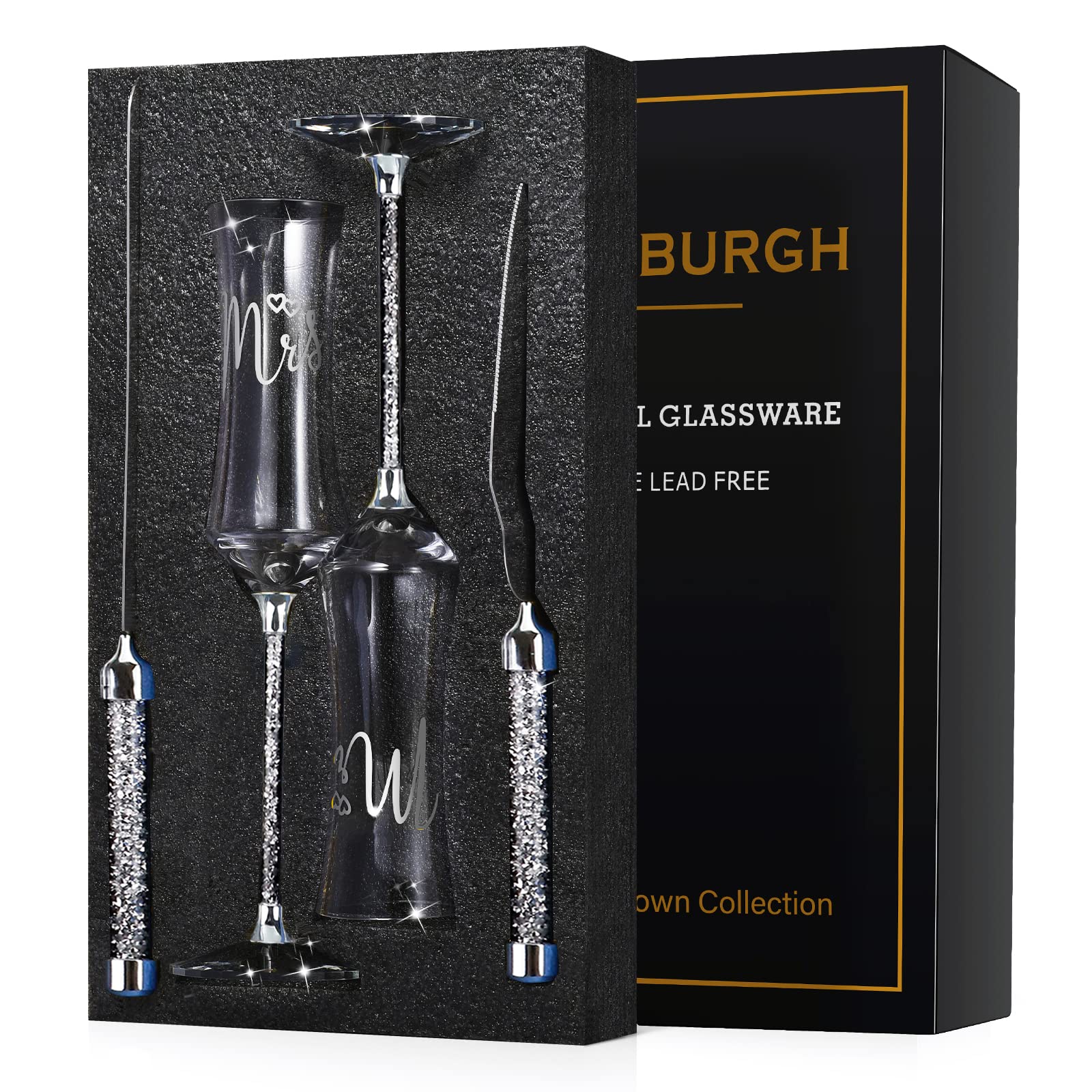 ROXBURGH Wedding Champagne Flutes and Cake knife Server Set, Mr and Mrs Champagne Flutes Glasses for Bride and Groom Cake Cutting set for Wedding Engagement Gifts