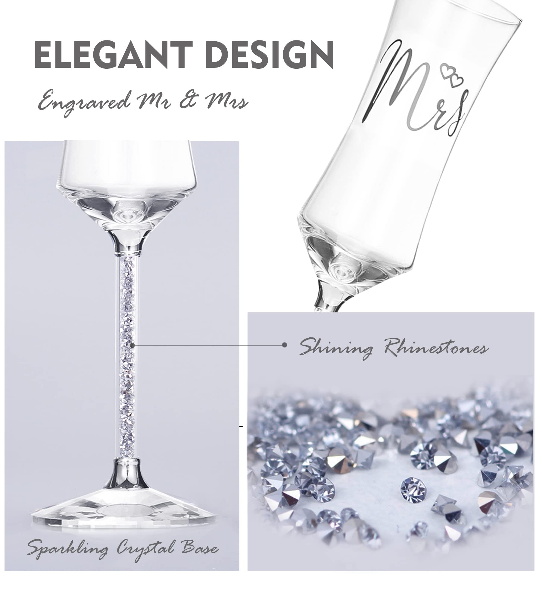 ROXBURGH Wedding Champagne Flutes and Cake knife Server Set, Mr and Mrs Champagne Flutes Glasses for Bride and Groom Cake Cutting set for Wedding Engagement Gifts