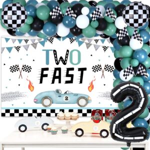 two fast birthday decorations boy vintage - balloon garland kit with two fast backdrop, checkered foil balloons, race car flags, retro let's go racing 2nd birthday party supplies