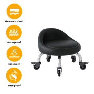 XIHUAN Low Height Rolling Stool with Wheels PU Leather Rolling Stool with Back Crystal Universal Wheels for Home Cleaning Garage Fix Stool Outdoor Picnic Salon Office Working Black