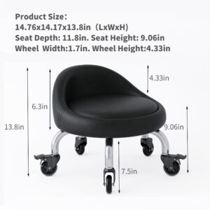 XIHUAN Low Height Rolling Stool with Wheels PU Leather Rolling Stool with Back Crystal Universal Wheels for Home Cleaning Garage Fix Stool Outdoor Picnic Salon Office Working Black