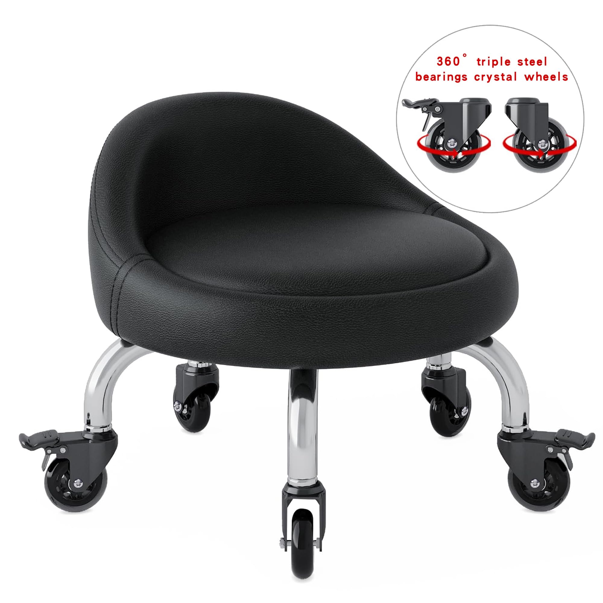 XIHUAN Low Height Rolling Stool with Wheels PU Leather Rolling Stool with Back Crystal Universal Wheels for Home Cleaning Garage Fix Stool Outdoor Picnic Salon Office Working Black