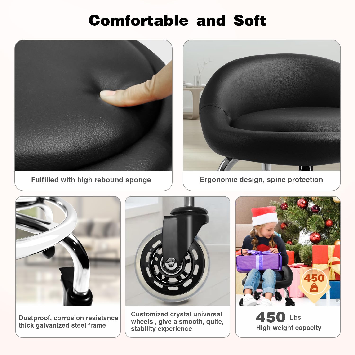 XIHUAN Low Height Rolling Stool with Wheels PU Leather Rolling Stool with Back Crystal Universal Wheels for Home Cleaning Garage Fix Stool Outdoor Picnic Salon Office Working Black