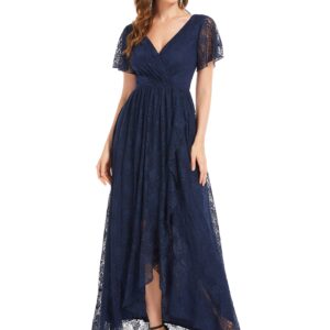 Ever-Pretty Women's Lace V Neck Ruffles Sleeves Pleated Empire Waist A-Line Maxi Formal Dresses Navy Blue US14