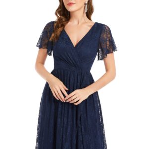 Ever-Pretty Women's Lace V Neck Ruffles Sleeves Pleated Empire Waist A-Line Maxi Formal Dresses Navy Blue US14