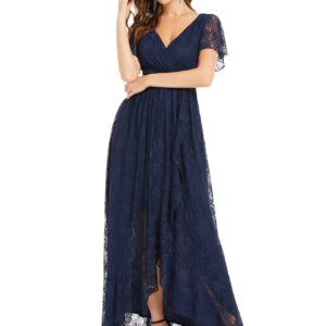 Ever-Pretty Women's Lace V Neck Ruffles Sleeves Pleated Empire Waist A-Line Maxi Formal Dresses Navy Blue US14