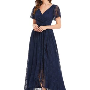 Ever-Pretty Women's Lace V Neck Ruffles Sleeves Pleated Empire Waist A-Line Maxi Formal Dresses Navy Blue US14