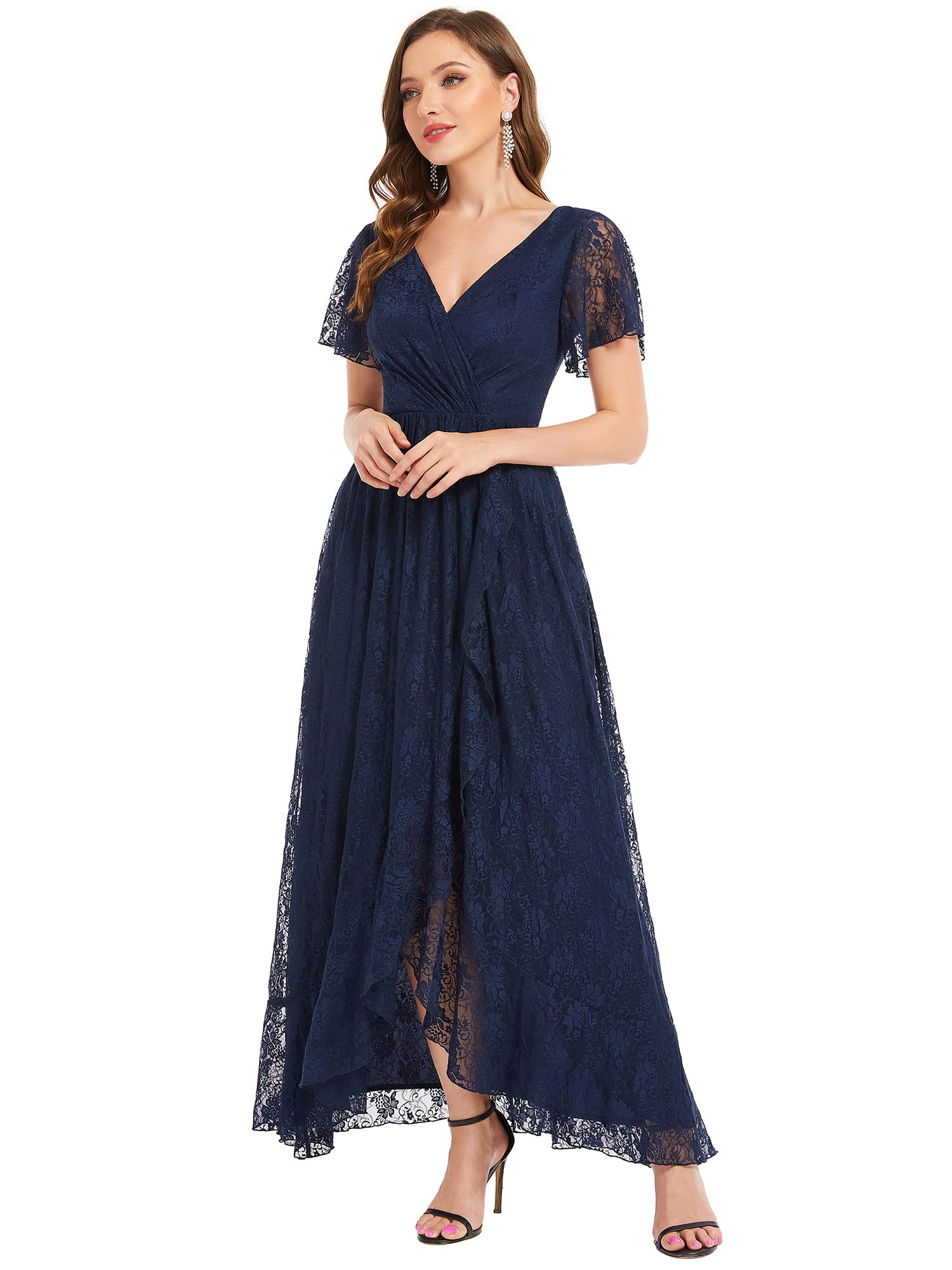 Ever-Pretty Women's Lace V Neck Ruffles Sleeves Pleated Empire Waist A-Line Maxi Formal Dresses Navy Blue US14