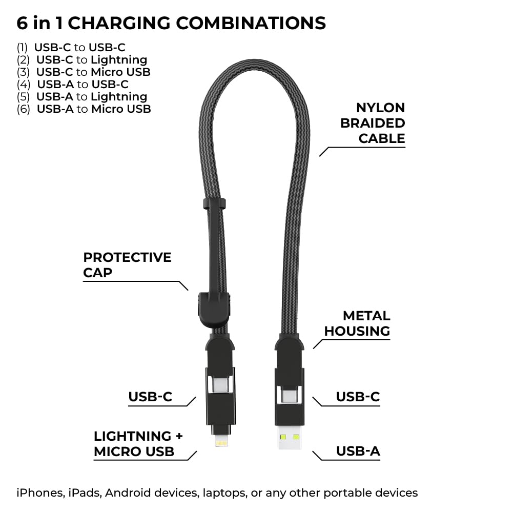 Rolling Square inCharge XL 6-in-1 Multi Charging Cable, Portable USB and USB-C Cable with 100W Ultra-Fast Charging Power, 1 Ft/0.3m, Urban Black