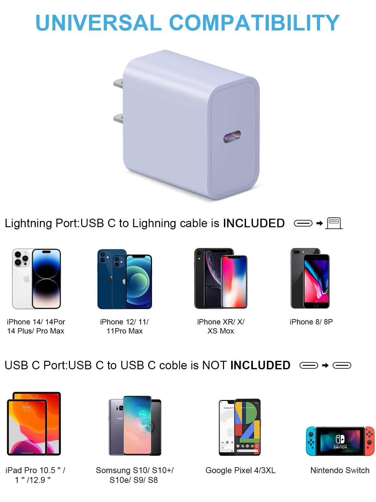 [3 Pack] USB C Wall Charger, iPhone Charger Block 20W PD Power Adapter Compatible iPhone 15/15Pro/15Pro Max/15Plus/14 13 12 11 Pro Max/Pro/Mini/Xs/XR/X, iPad Pro/Mini - Purple