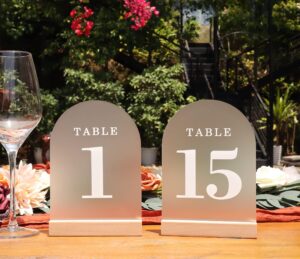 organteam frosted arch wedding table numbers with wooden stands 1-15, 5x7" acrylic signs and holders, perfect for centerpiece, reception, decoration, party, anniversary, event (frosted, number 1-15)