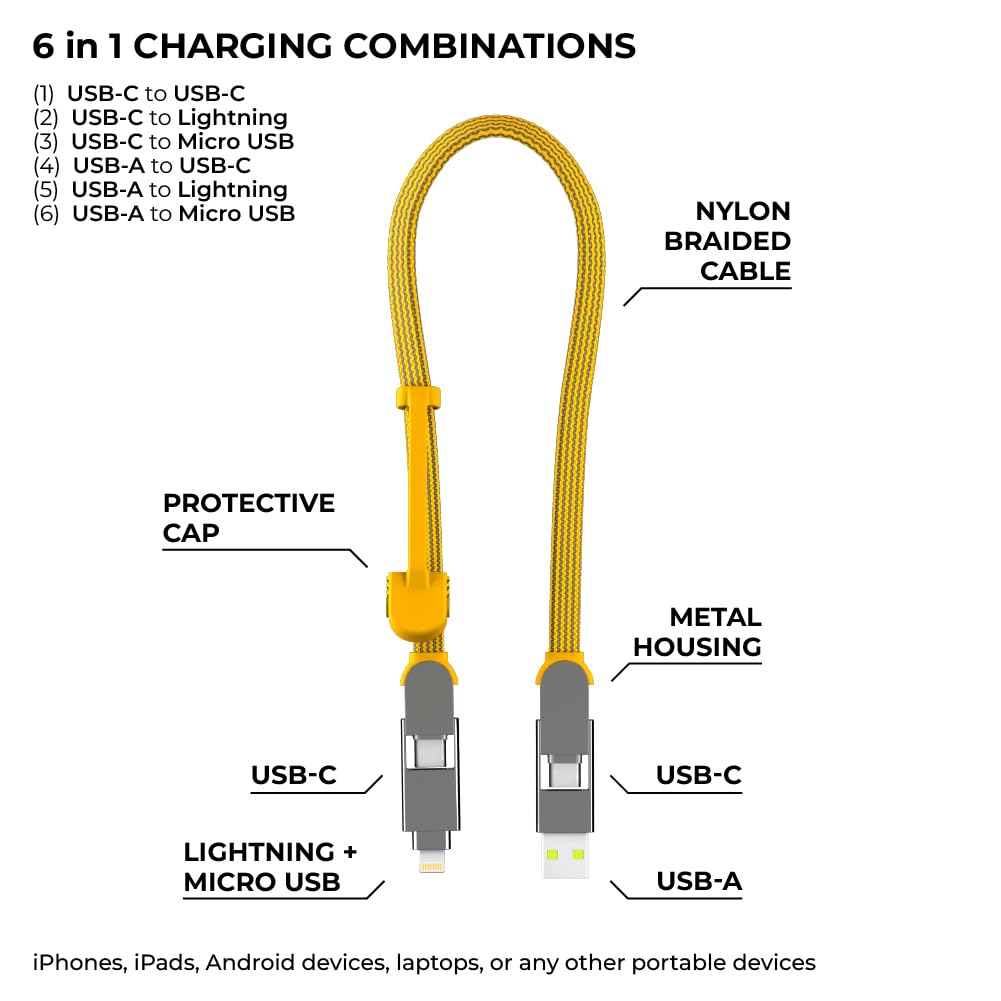 Rolling Square inCharge XL 6-in-1 Multi Charging Cable, Portable USB and USB-C Cable with 100W Ultra-Fast Charging Power, 1 Ft/0.3m, Summit Yellow