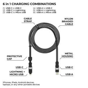 Rolling Square inCharge XL 6-in-1 Multi Charging Cable, Portable USB and USB-C Cable with 100W Ultra-Fast Charging Power, 10 Ft/3m, Urban Black