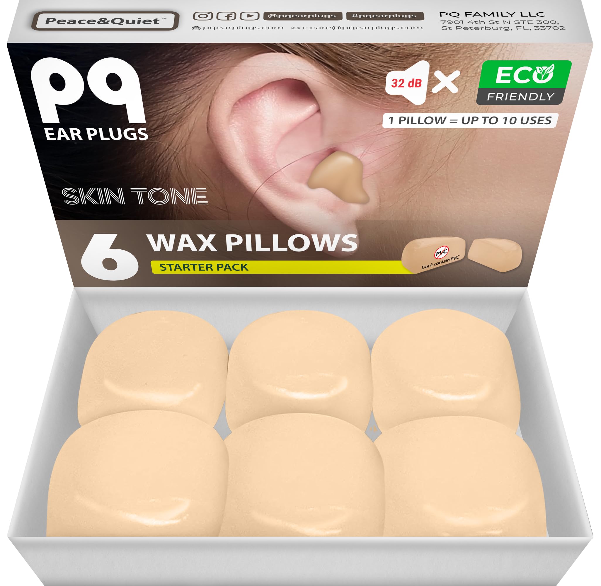 PQ Wax Ear Plugs for Sleep - 6 Silicone Wax Earplugs for Sleeping and Swimming - Gel Ear Plugs for Noise Cancelling, Ear Protection - Sleeping Earplugs with Sound Blocking 32 Db (6-Pillows). Beige