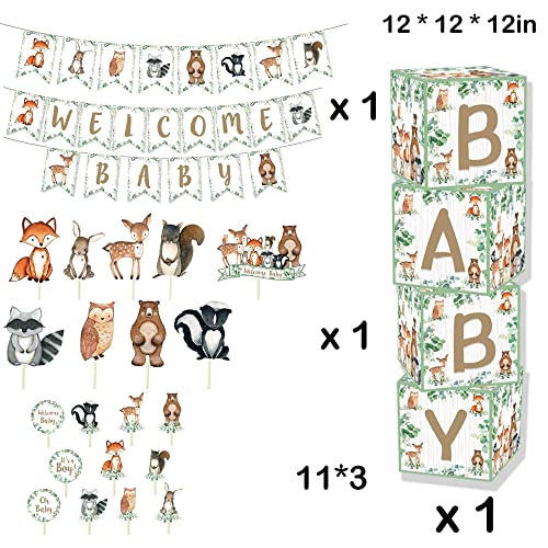HEETON Woodland Baby Shower Party Supplies Decorations Boxes Fox Balloon Oh Baby Welcome Baby Banner Creatures Fawn Animal Friends Garland Backdrop Cake Cupcake Topper for Girl Boy Gender Reveal