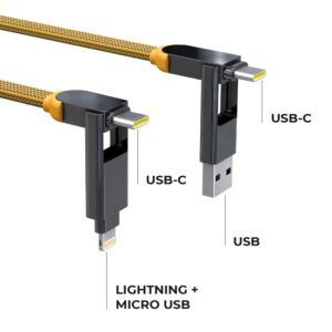 Rolling Square inCharge XL 6-in-1 Multi Charging Cable, Portable USB and USB-C Cable with 100W Ultra-Fast Charging Power, 10 Ft/3m, Summit Yellow