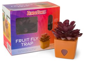 zendozones fruit fly trap with zendo lure, joyful janet with plastic terra cotta colored base, refillable and reusable