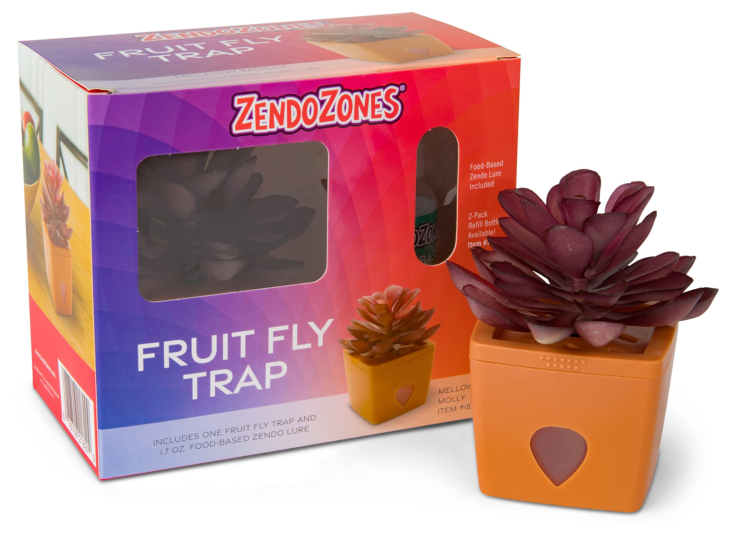 ZendoZones Fruit Fly Trap with Zendo Lure, Joyful Janet with Plastic Terra Cotta Colored Base, Refillable and Reusable