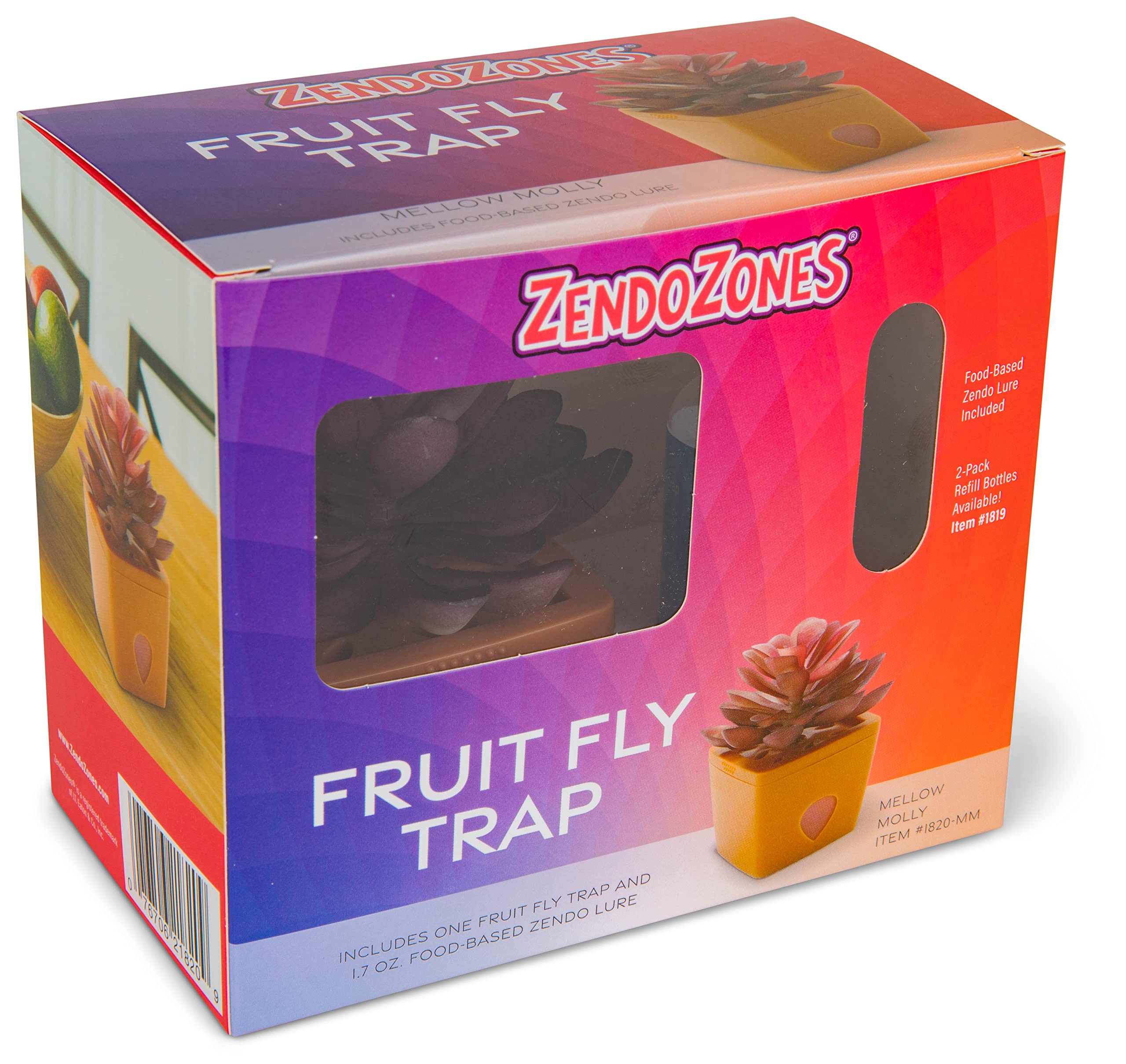 ZendoZones Fruit Fly Trap with Zendo Lure, Joyful Janet with Plastic Terra Cotta Colored Base, Refillable and Reusable