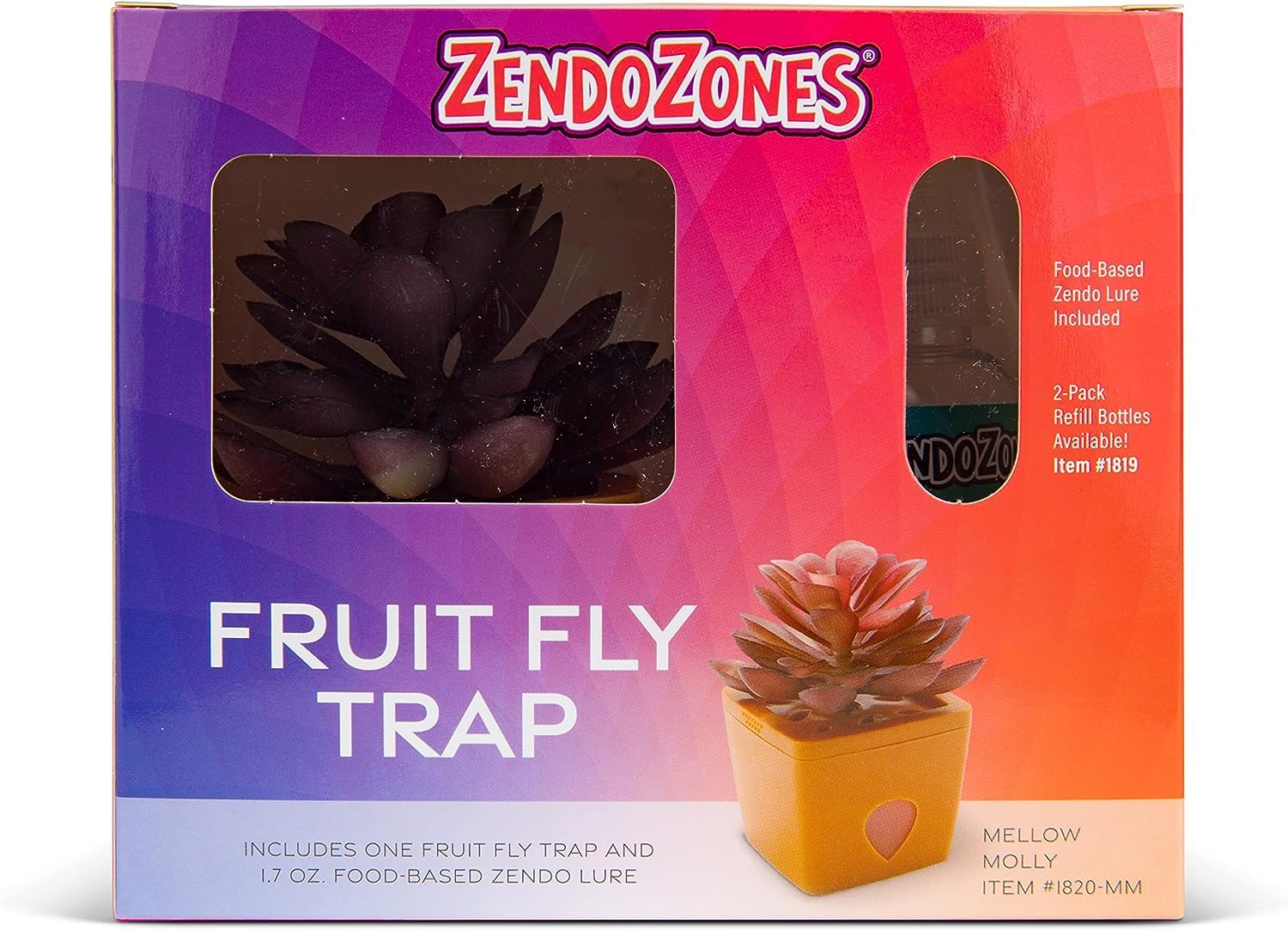 ZendoZones Fruit Fly Trap with Zendo Lure, Joyful Janet with Plastic Terra Cotta Colored Base, Refillable and Reusable