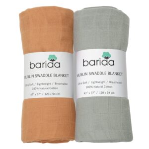 barida muslin blankets for girls & boys, premium cotton large multiuse lightweight ultra soft muslin blanket baby, muslin swaddle blankets boy, 2 pack muslin throw blanket (orange- sage green)